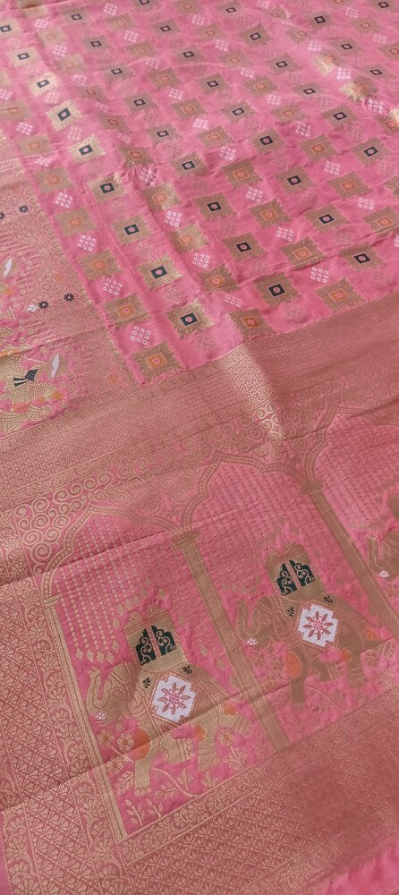 MAJESTIC PINK BANDHEJ BANARASI SEMI SILK SAREE