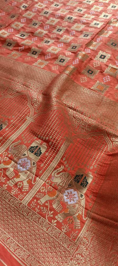 REGAL ORANGE BANDHEJ BANARASI SEMI SILK SAREE