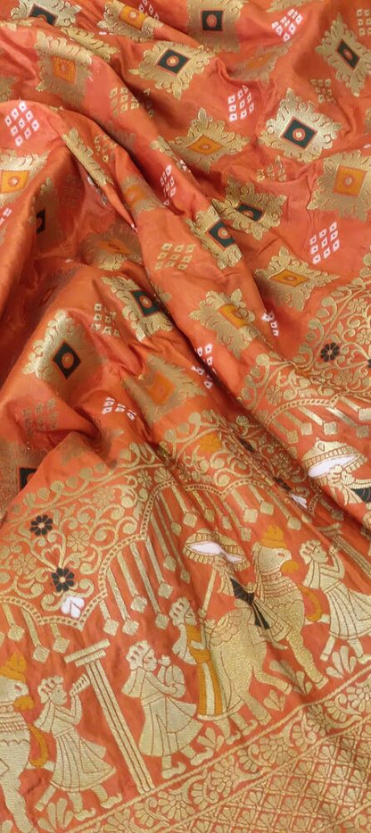 REGAL ORANGE BANDHEJ BANARASI SEMI SILK SAREE