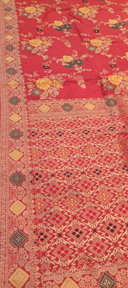 RED FLORAL JAAL PANCH MEENA BANARASI SEMI SILK SAREE