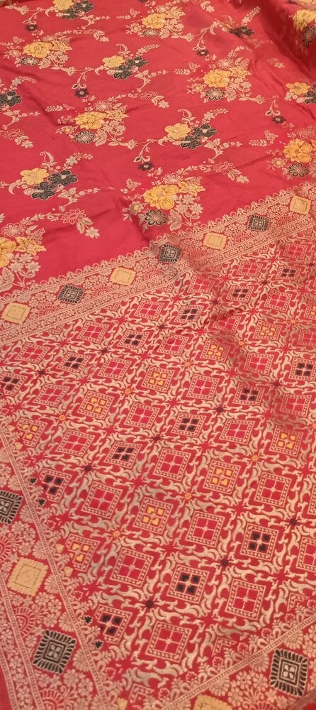 RED FLORAL JAAL PANCH MEENA BANARASI SEMI SILK SAREE