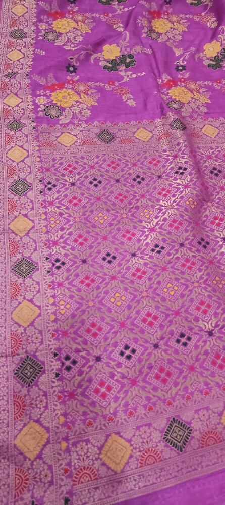 LILAC FLORAL JAAL PANCH MEENA BANARASI SEMI SILK SAREE