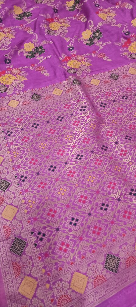 LILAC FLORAL JAAL PANCH MEENA BANARASI SEMI SILK SAREE