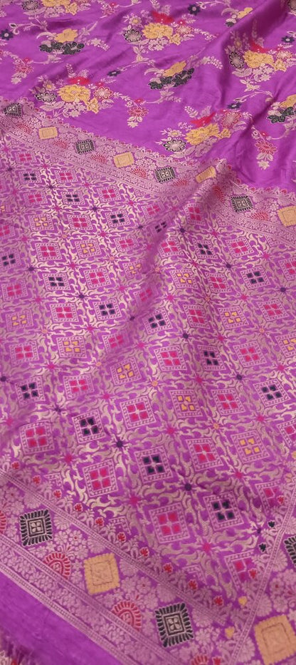 LILAC FLORAL JAAL PANCH MEENA BANARASI SEMI SILK SAREE