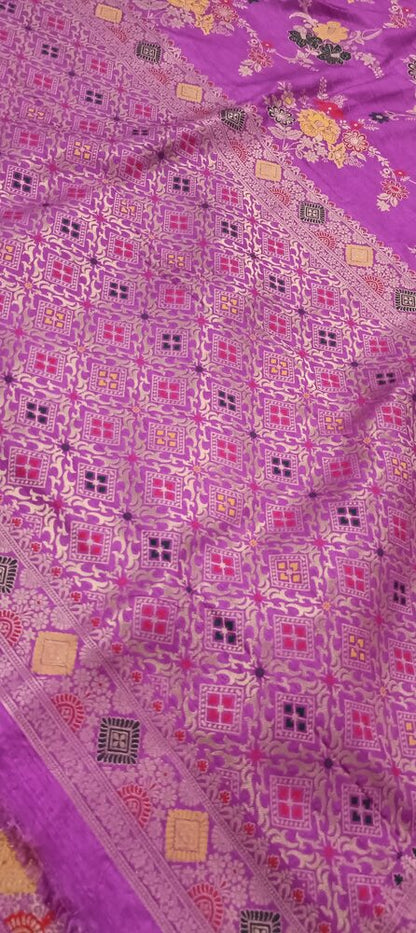 LILAC FLORAL JAAL PANCH MEENA BANARASI SEMI SILK SAREE