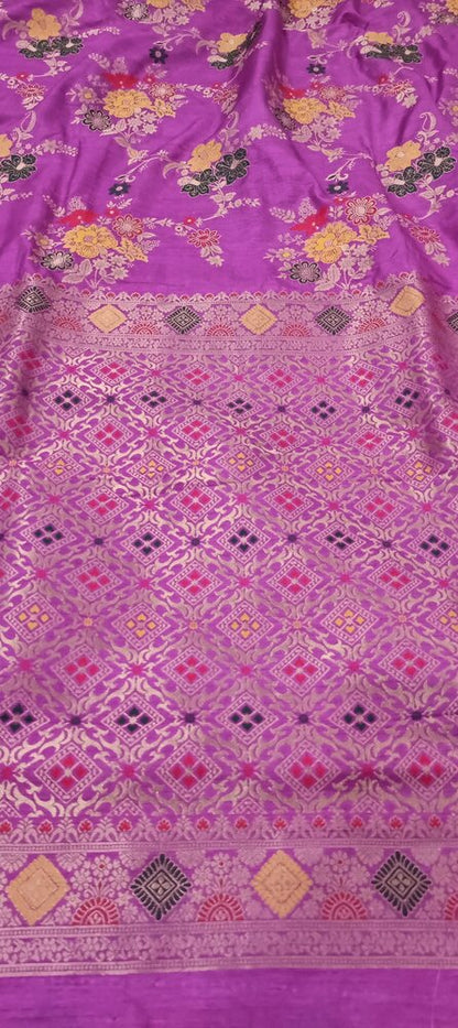 LILAC FLORAL JAAL PANCH MEENA BANARASI SEMI SILK SAREE