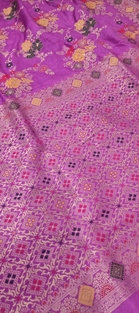 LILAC FLORAL JAAL PANCH MEENA BANARASI SEMI SILK SAREE