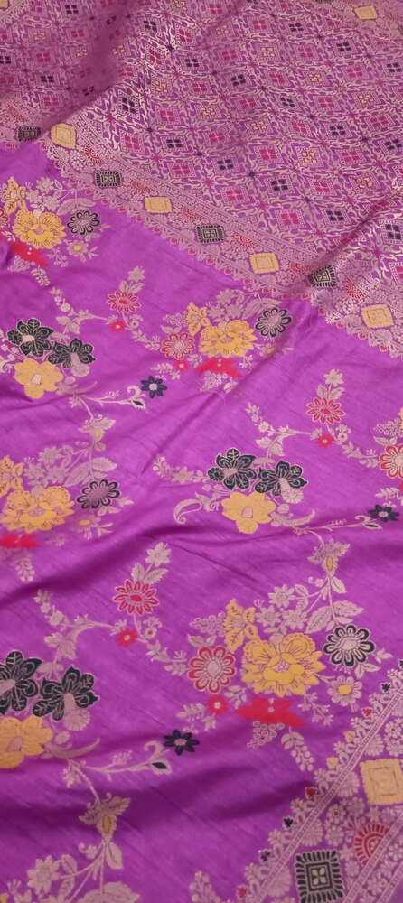 LILAC FLORAL JAAL PANCH MEENA BANARASI SEMI SILK SAREE