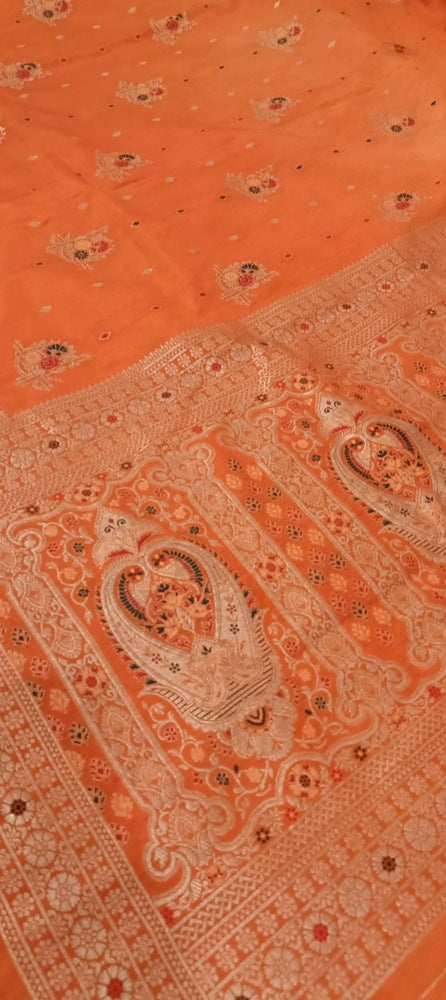 ORANGE MOTIFS MEENAKARI BUTI BANARASI SEMI SILK SAREE