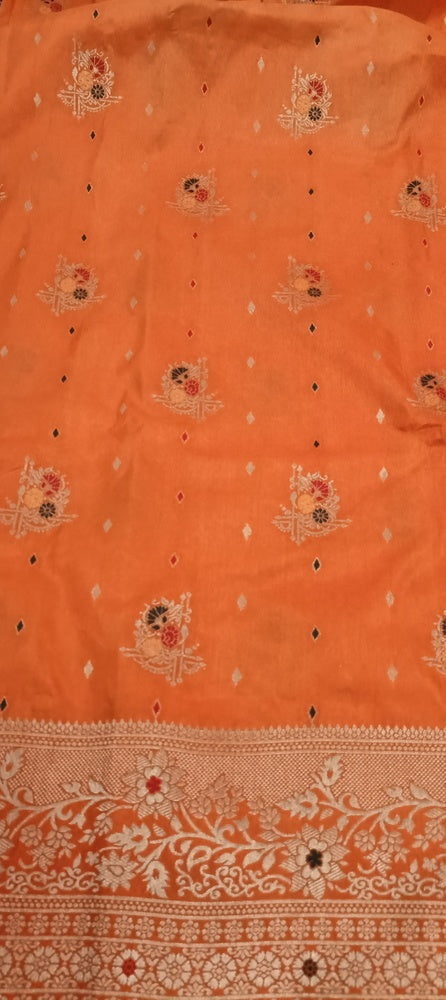 ORANGE MOTIFS MEENAKARI BUTI BANARASI SEMI SILK SAREE