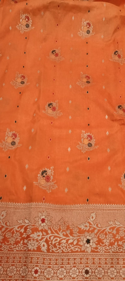 ORANGE MOTIFS MEENAKARI BUTI BANARASI SEMI SILK SAREE