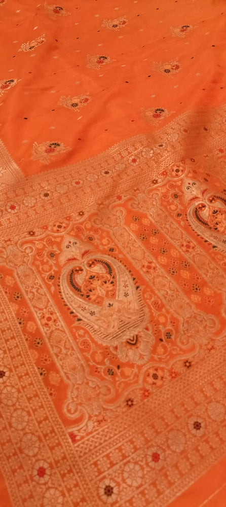 ORANGE MOTIFS MEENAKARI BUTI BANARASI SEMI SILK SAREE