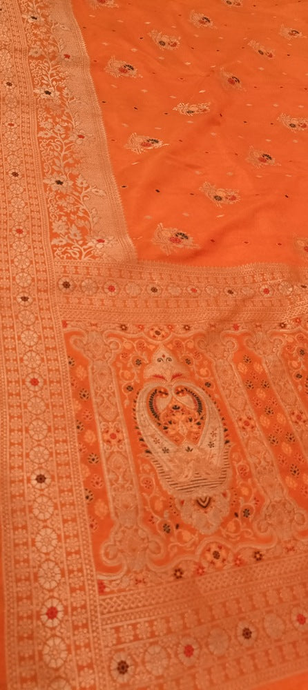 ORANGE MOTIFS MEENAKARI BUTI BANARASI SEMI SILK SAREE