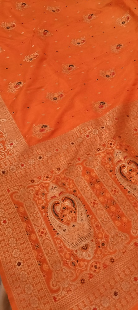 ORANGE MOTIFS MEENAKARI BUTI BANARASI SEMI SILK SAREE