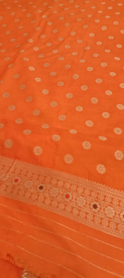 ORANGE MOTIFS MEENAKARI BUTI BANARASI SEMI SILK SAREE