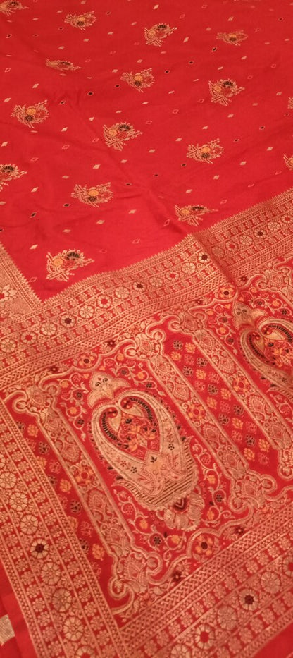 RED MOTIFS MEENAKARI BUTI BANARASI SEMI SILK SAREE