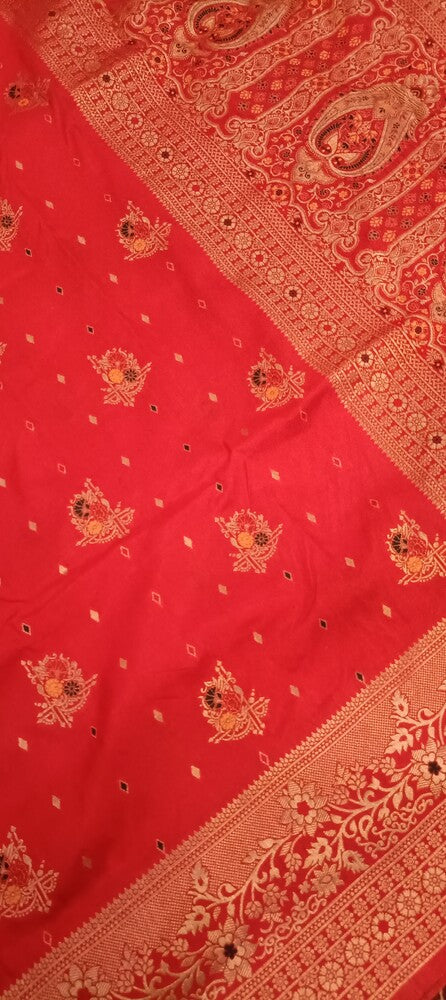 RED MOTIFS MEENAKARI BUTI BANARASI SEMI SILK SAREE