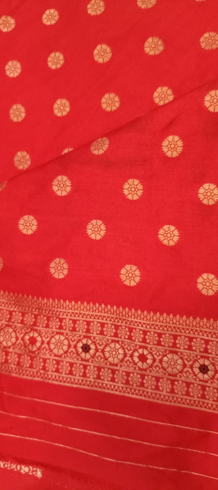 RED MOTIFS MEENAKARI BUTI BANARASI SEMI SILK SAREE