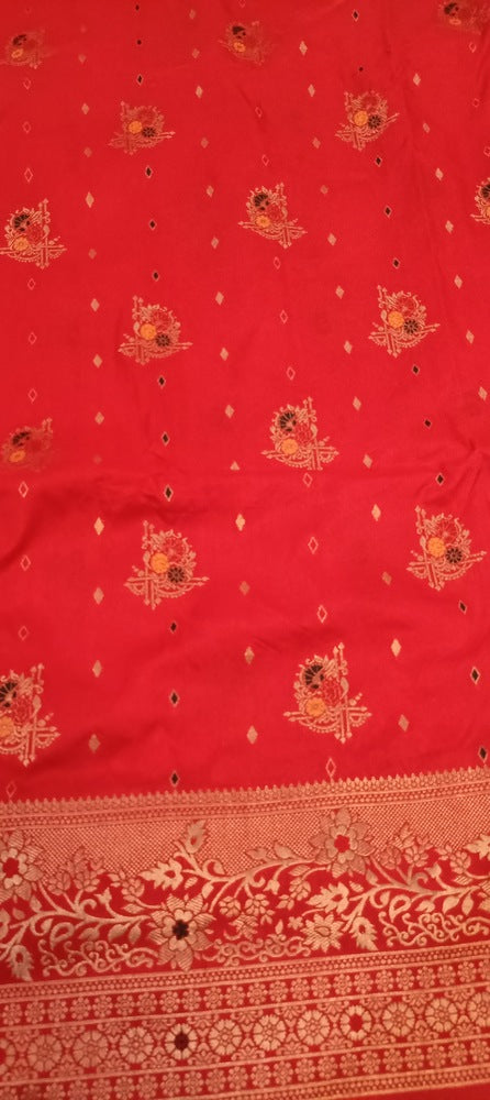 RED MOTIFS MEENAKARI BUTI BANARASI SEMI SILK SAREE