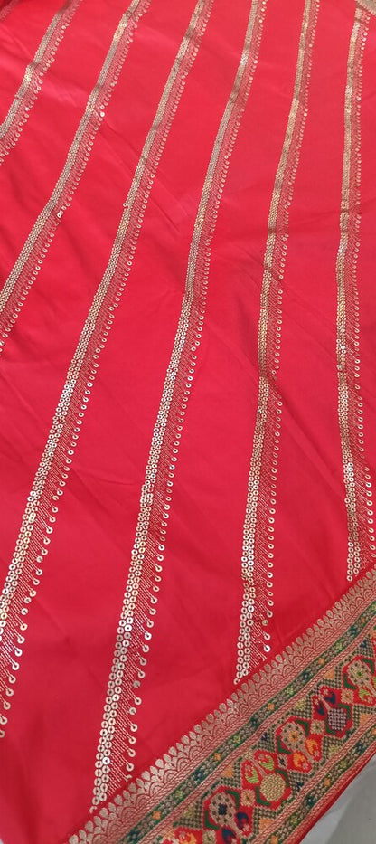 RED LEHARIYA SEQUIN BANARASI KATAN SILK SAREE