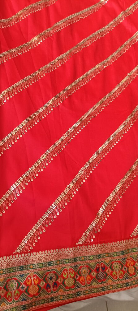 RED LEHARIYA SEQUIN BANARASI KATAN SILK SAREE