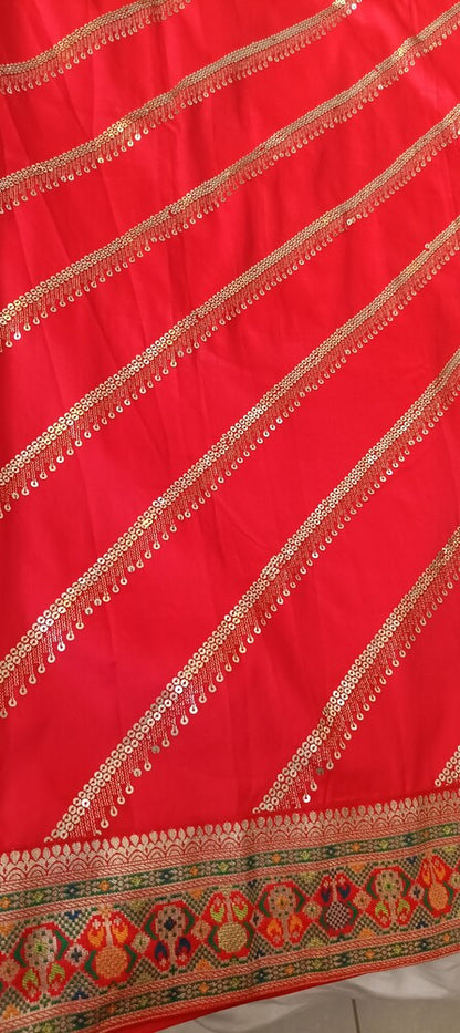 RED LEHARIYA SEQUIN BANARASI KATAN SILK SAREE