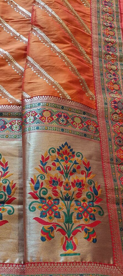 ORANGE LEHARIYA SEQUIN BANARASI KATAN SILK SAREE