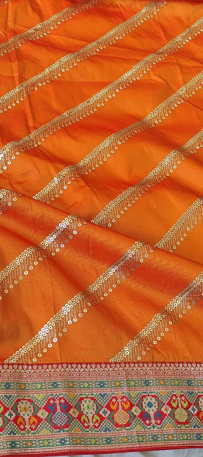 ORANGE LEHARIYA SEQUIN BANARASI KATAN SILK SAREE