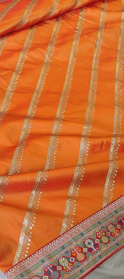 ORANGE LEHARIYA SEQUIN BANARASI KATAN SILK SAREE