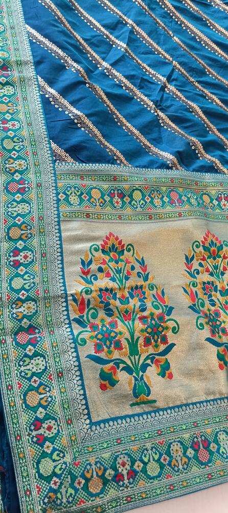 BLUE LEHARIYA SEQUIN BANARASI KATAN SILK SAREE