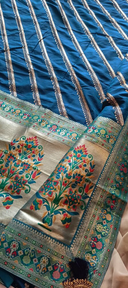 BLUE LEHARIYA SEQUIN BANARASI KATAN SILK SAREE