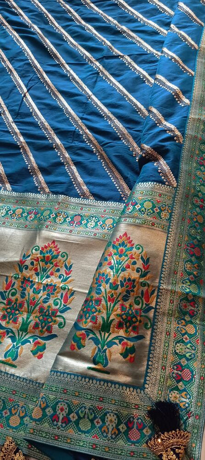 BLUE LEHARIYA SEQUIN BANARASI KATAN SILK SAREE