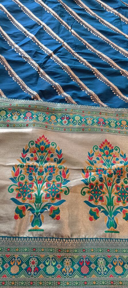 BLUE LEHARIYA SEQUIN BANARASI KATAN SILK SAREE