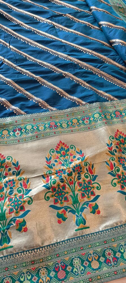 BLUE LEHARIYA SEQUIN BANARASI KATAN SILK SAREE