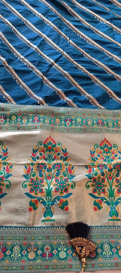 BLUE LEHARIYA SEQUIN BANARASI KATAN SILK SAREE