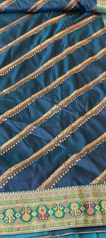 BLUE LEHARIYA SEQUIN BANARASI KATAN SILK SAREE