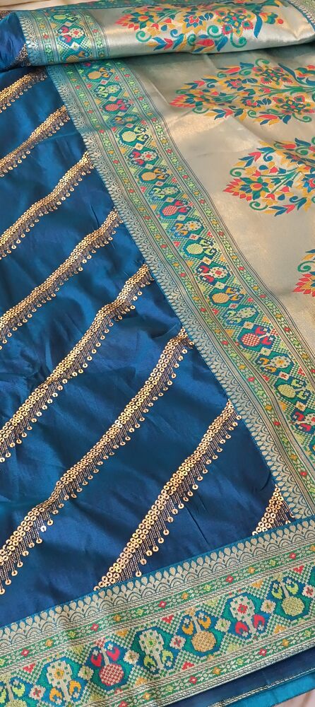 BLUE LEHARIYA SEQUIN BANARASI KATAN SILK SAREE