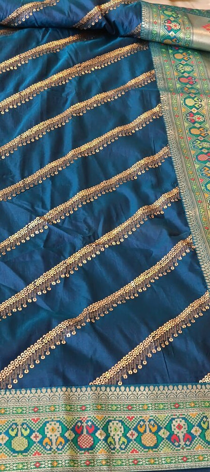 BLUE LEHARIYA SEQUIN BANARASI KATAN SILK SAREE