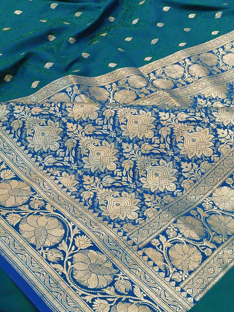 PEACOCK BLUE FLORAL TANCHUI BUTI BANARASI KATAN SILK SAREE