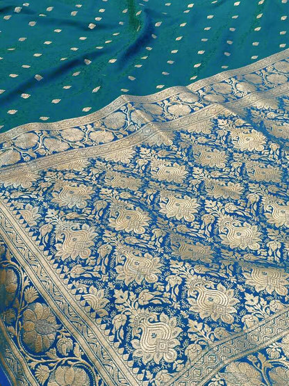 PEACOCK BLUE FLORAL TANCHUI BUTI BANARASI KATAN SILK SAREE