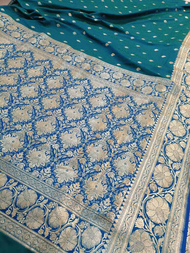 PEACOCK BLUE FLORAL TANCHUI BUTI BANARASI KATAN SILK SAREE