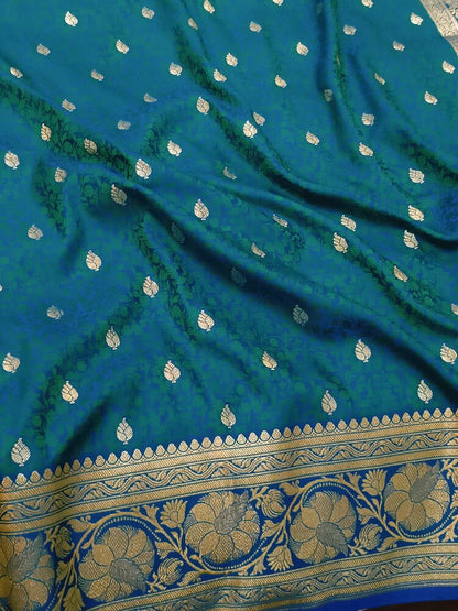 PEACOCK BLUE FLORAL TANCHUI BUTI BANARASI KATAN SILK SAREE