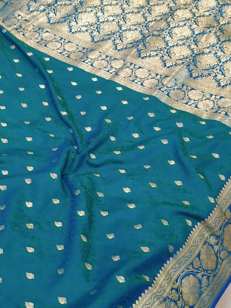 PEACOCK BLUE FLORAL TANCHUI BUTI BANARASI KATAN SILK SAREE