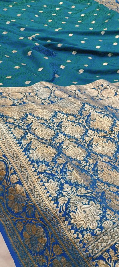 PEACOCK BLUE FLORAL TANCHUI BUTI BANARASI KATAN SILK SAREE