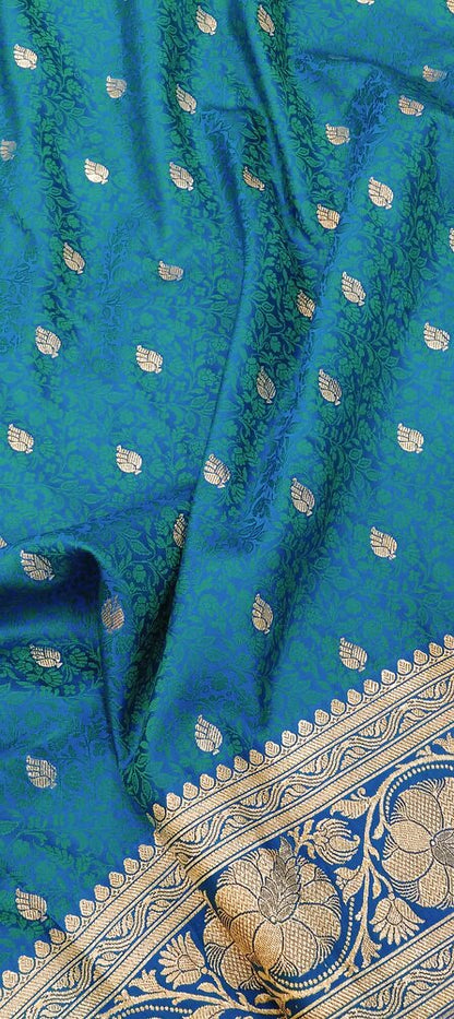 PEACOCK BLUE FLORAL TANCHUI BUTI BANARASI KATAN SILK SAREE