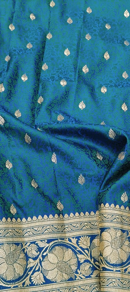 PEACOCK BLUE FLORAL TANCHUI BUTI BANARASI KATAN SILK SAREE