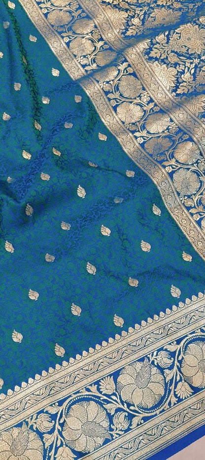 PEACOCK BLUE FLORAL TANCHUI BUTI BANARASI KATAN SILK SAREE