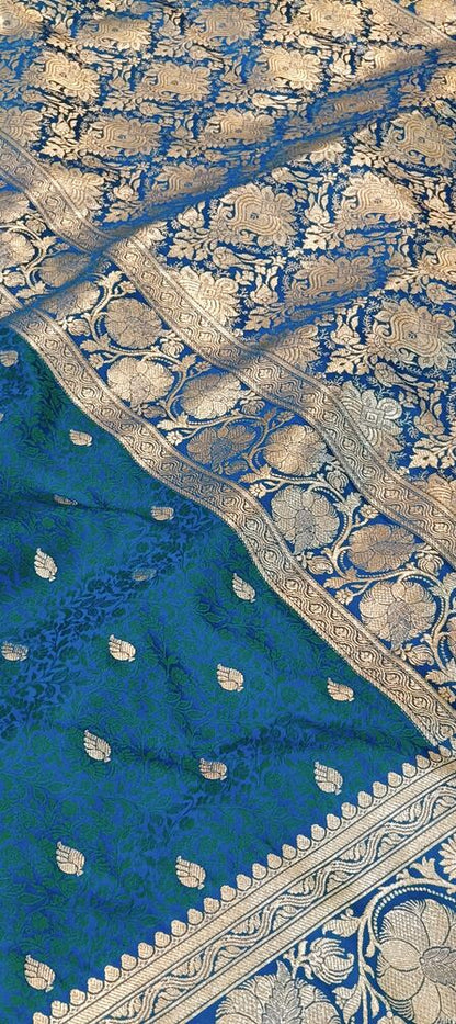 PEACOCK BLUE FLORAL TANCHUI BUTI BANARASI KATAN SILK SAREE