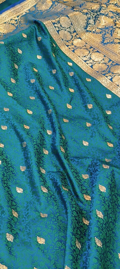 PEACOCK BLUE FLORAL TANCHUI BUTI BANARASI KATAN SILK SAREE