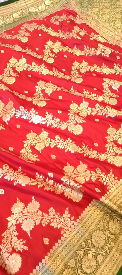 RED ZIG ZAG LEHARIYA BANARASI SATIN SILK SAREE